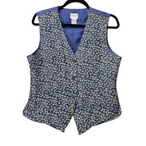 Backroad Blues Vintage Silk Floral Button Up Sleeveless Blue Lightweight Vest